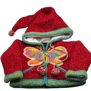 Baby Red Knit Butterfly Pointed Hood zip Jacket sweater hand made Pom Pom lined